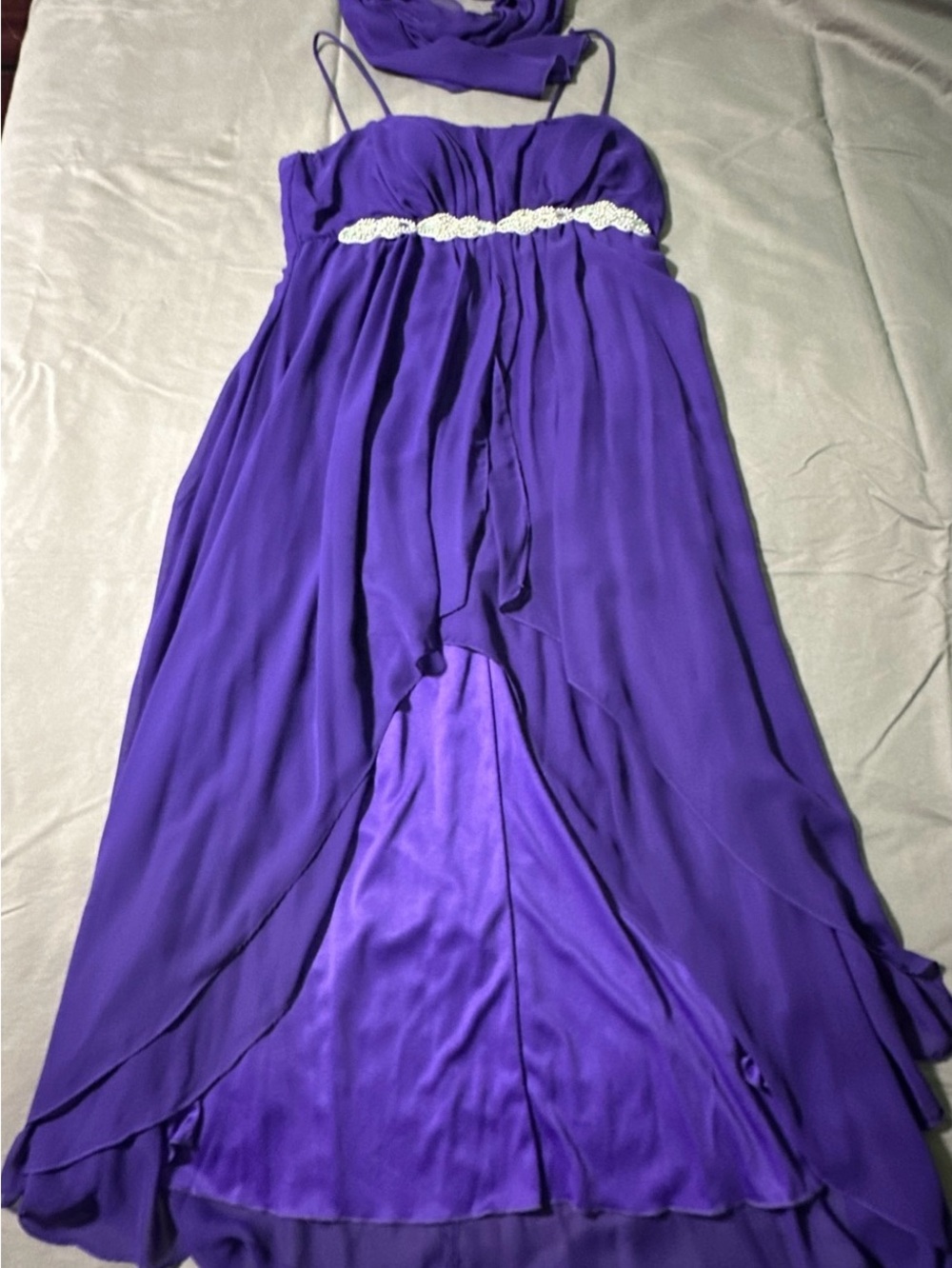 Purple High-Low Spaghetti Strap Dress with Shawl